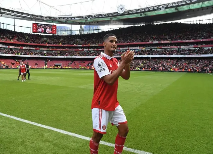 Framed Print : Arsenal's William Saliba Applauding Fans After Arsenal vs. Tottenham Premier League Match, 2022-23 Framed Print : Arsenal's William Saliba Applauding Fans After Arsenal vs. Tottenham Premier League Match, 2022-23
