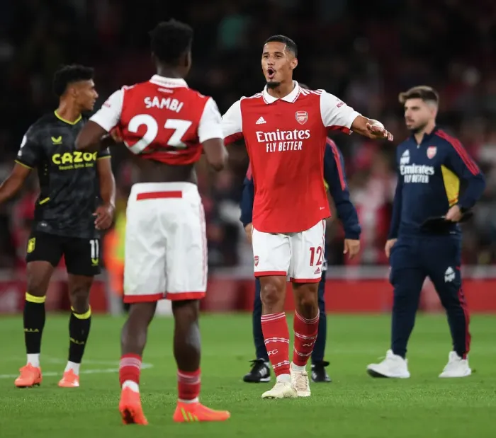 Framed Print : Arsenal's William Saliba Celebrates after Arsenal FC vs Aston Villa, Premier League 2022-23 Framed Print : Arsenal's William Saliba Celebrates after Arsenal FC vs Aston Villa, Premier League 2022-23