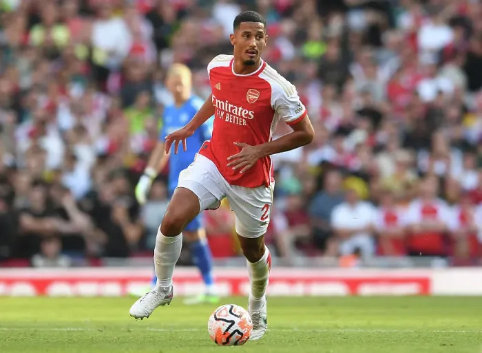 Framed Print : Arsenal's William Saliba Chases Victory: Arsenal FC vs Manchester United, 2023-24 Premier League