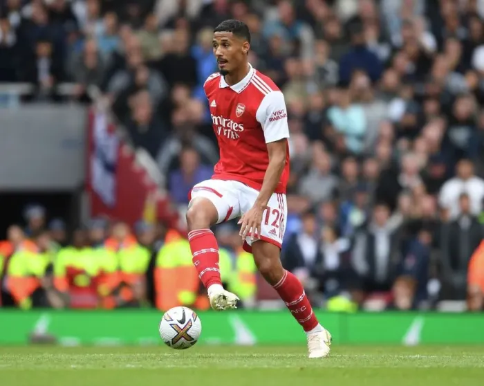 Framed Print : Arsenal's William Saliba Faces Off Against Tottenham in the 2022-23 Premier League Clash