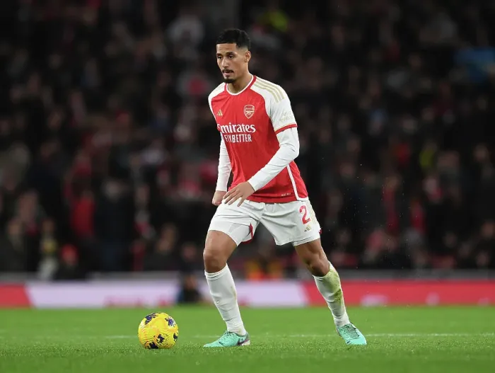 Framed Print : Arsenal's William Saliba Faces Off Against West Ham in 2023-24 Premier League Clash