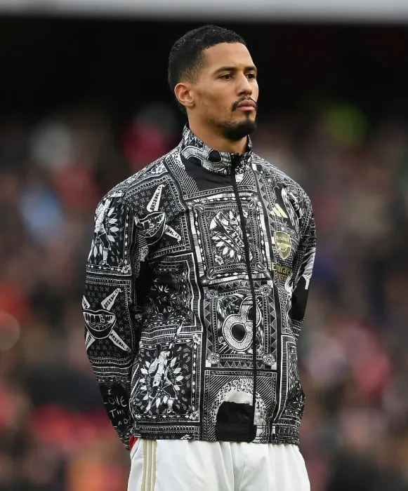 Framed Print : Arsenal's William Saliba Gears Up Before Arsenal v Brighton & Hove Albion, Premier League 2023-24