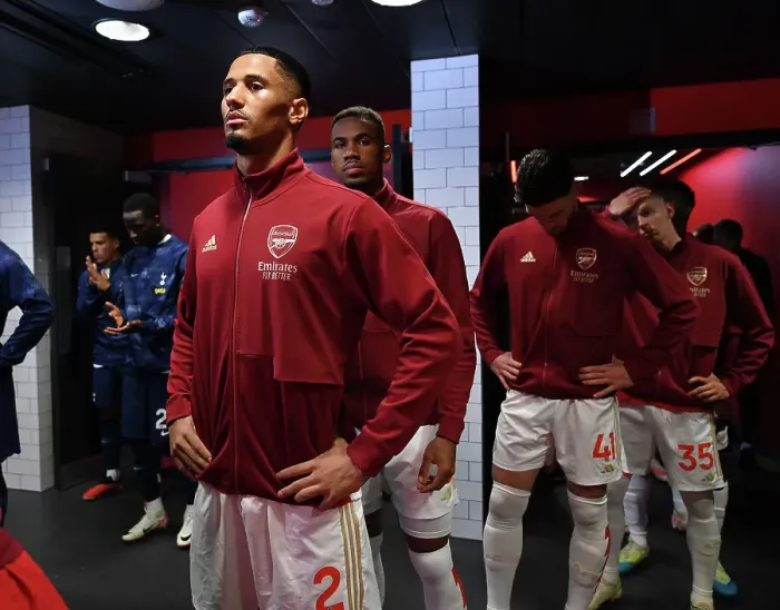 Framed Print : Arsenal's William Saliba Gears Up: Arsenal FC vs. Tottenham Hotspur, Premier League 2023-24