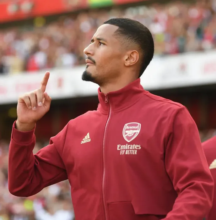 Framed Print : Arsenal's William Saliba Gears Up: Arsenal FC vs Manchester United, Premier League 2023-24