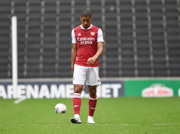 Framed Print : Arsenal's William Saliba in Pre-Season Action against MK Dons (2020-21)
