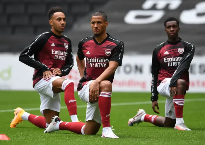 Framed Print : Arsenal's William Saliba Prepares for MK Dons Friendly