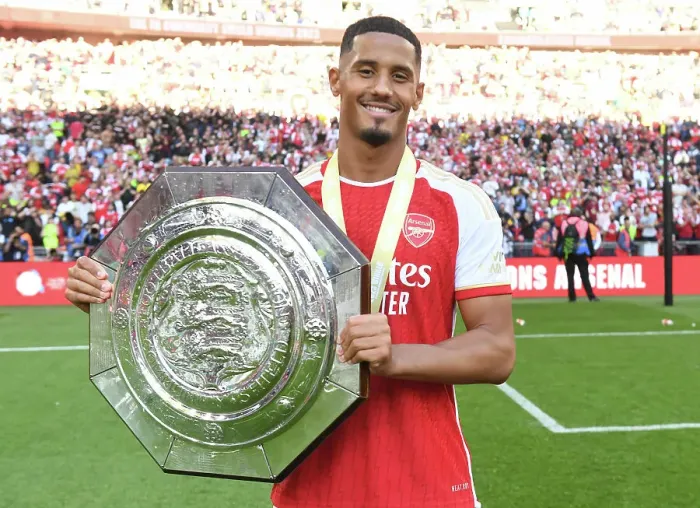 Framed Print : Arsenal's William Saliba Reacts After Community Shield Defeat to Manchester City, 2023-24