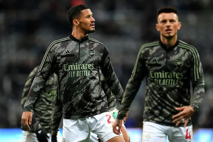 Framed Print : Arsenal's William Saliba Warms Up Ahead of Newcastle United Clash in Premier League 2023-24 Framed Print : Arsenal's William Saliba Warms Up Ahead of Newcastle United Clash in Premier League 2023-24