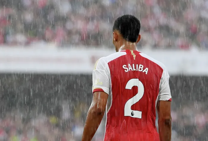 Framed Print : Arsenal's William Saliba Watches on During Arsenal vs Fulham Premier League Clash (2023-24)