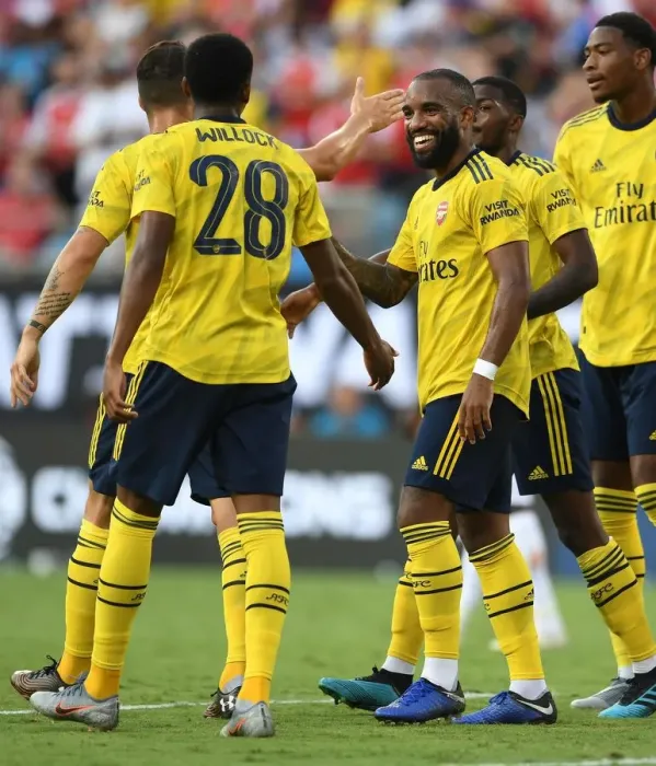 Framed Print : Arsenal's Willock and Lacazette Celebrate Goal in 2019 International Champions Cup, Charlotte Framed Print : Arsenal's Willock and Lacazette Celebrate Goal in 2019 International Champions Cup, Charlotte