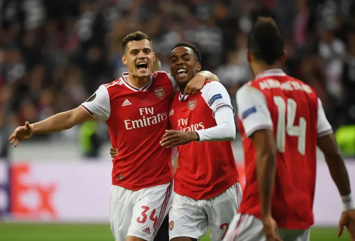 Framed Print : Arsenal's Willock and Xhaka: Celebrating Victory in Europa League Clash Against Eintracht Frankfurt Framed Print : Arsenal's Willock and Xhaka: Celebrating Victory in Europa League Clash Against Eintracht Frankfurt