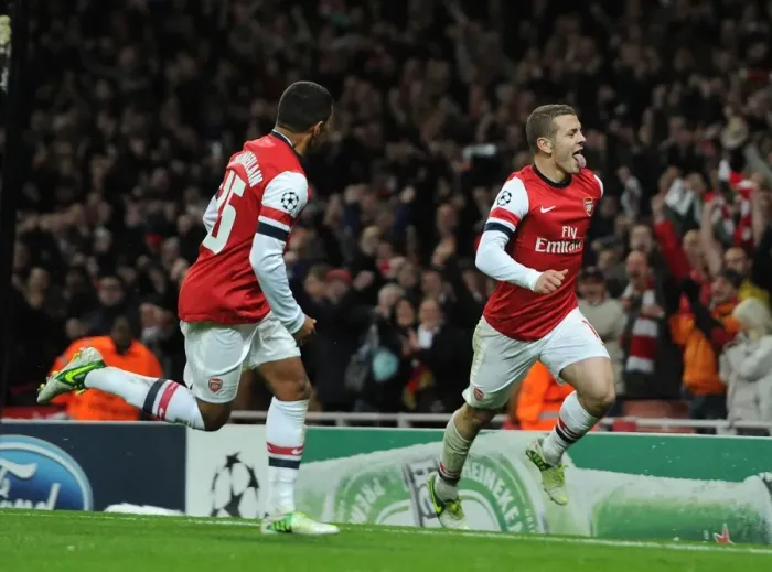 Framed Print : Arsenal's Wilshere and Oxlade-Chamberlain: Celebrating a Goal Against Montpellier (2012-13) Framed Print : Arsenal's Wilshere and Oxlade-Chamberlain: Celebrating a Goal Against Montpellier (2012-13)