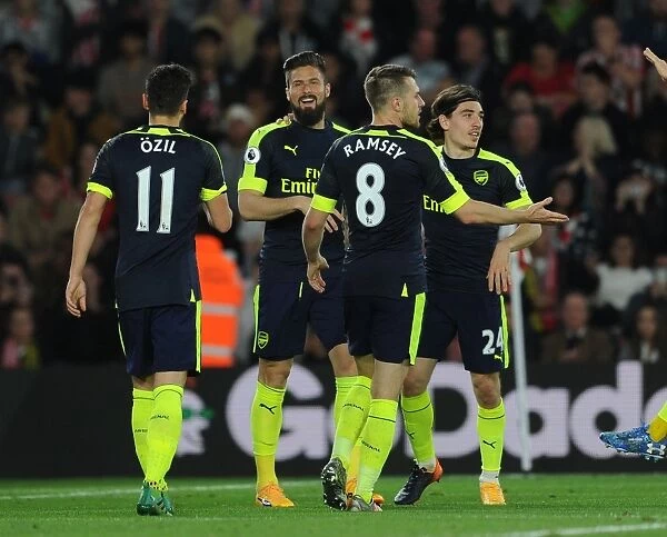 Arsenal's Winning Moment: Giroud, Ozil, Ramsey, and Bellerin Celebrate Goals Against Southampton (2016-17)