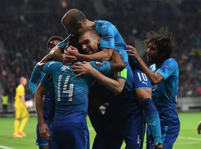 Framed Print : Arsenal's Winning Moment: Holding, Walcott, Elneny, and Wilshere Celebrate Goals Against BATE Borisov