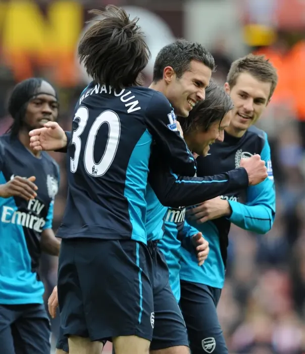 Framed Print : Arsenal's Winning Moment: Van Persie, Benayoun, Rosicky, and Ramsey Celebrate Goal vs Stoke City (2012) Framed Print : Arsenal's Winning Moment: Van Persie, Benayoun, Rosicky, and Ramsey Celebrate Goal vs Stoke City (2012)