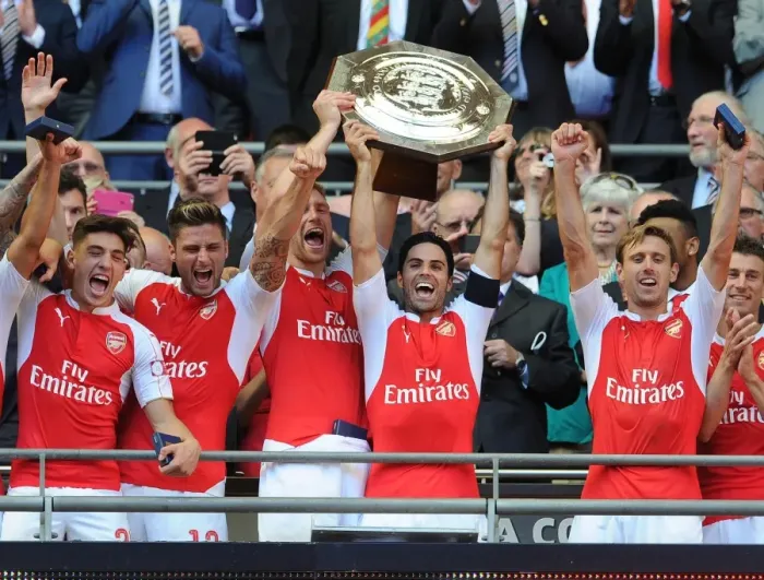 Framed Print : Arsenal's Winning Squad: Bellerin, Mertesacker, Arteta, Monreal, and Giroud Lift the FA Community Shield