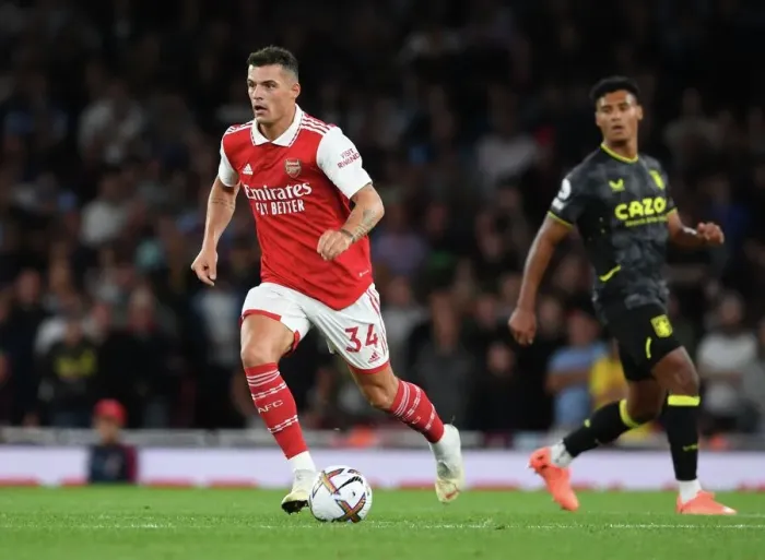 Framed Print : Arsenal's Xhaka in Action against Aston Villa in 2022-23 Premier League