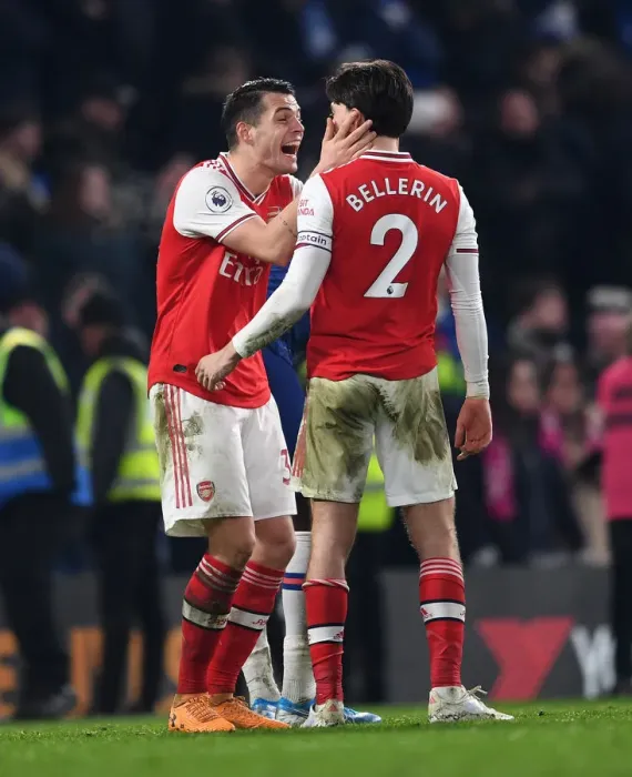 Framed Print : Arsenal's Xhaka and Bellerin Celebrate Premier League Victory Over Chelsea Framed Print : Arsenal's Xhaka and Bellerin Celebrate Premier League Victory Over Chelsea