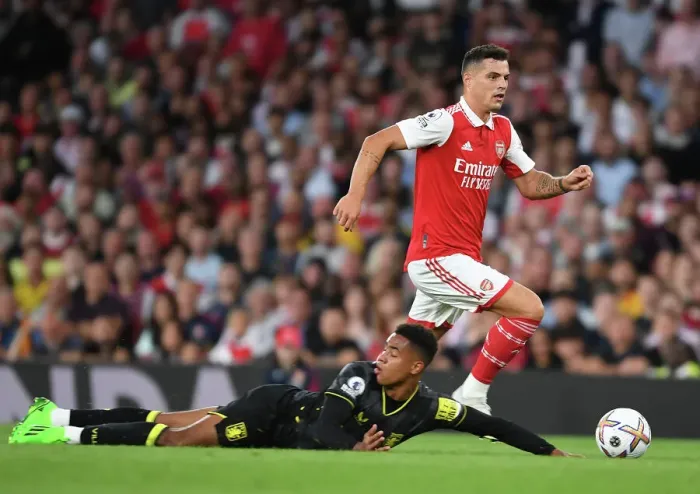 Framed Print : Arsenal's Xhaka Clashes with Aston Villa's Konsa in 2022-23 Premier League Showdown Framed Print : Arsenal's Xhaka Clashes with Aston Villa's Konsa in 2022-23 Premier League Showdown