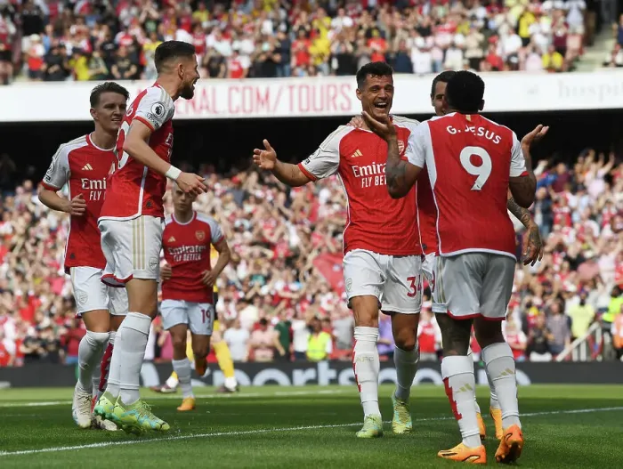 Framed Print : Arsenal's Xhaka and Jesus Celebrate First Goal Against Wolverhampton Wanderers (2022-23) Framed Print : Arsenal's Xhaka and Jesus Celebrate First Goal Against Wolverhampton Wanderers (2022-23)