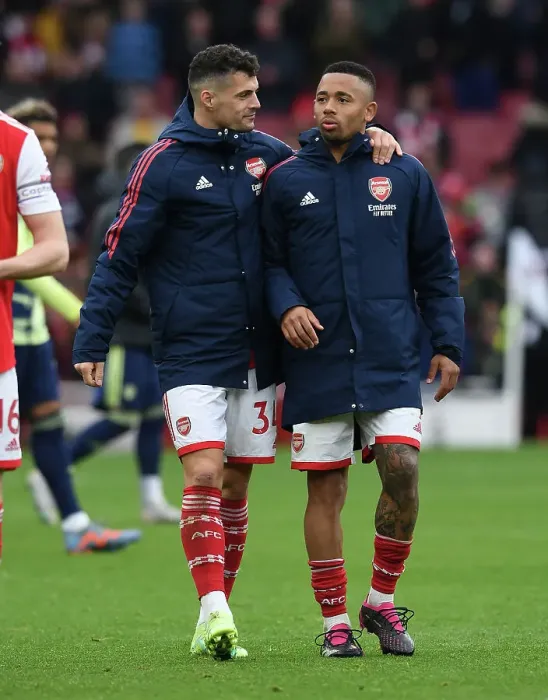 Framed Print : Arsenal's Xhaka and Jesus: Victory Celebration against Leeds United (2022-23 Premier League) Framed Print : Arsenal's Xhaka and Jesus: Victory Celebration against Leeds United (2022-23 Premier League)