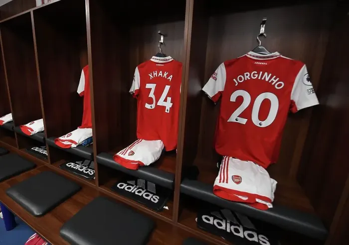 Framed Print : Arsenal's Xhaka and Jorginho Jerseys in Leicester City Changing Room - Premier League Clash 2022-23