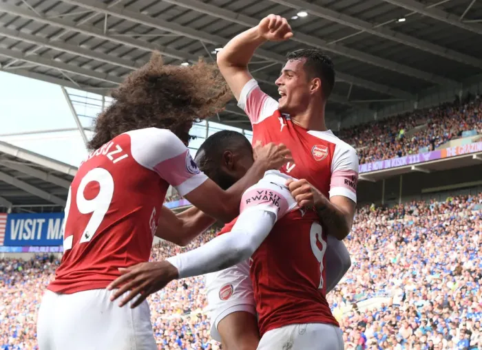 Framed Print : Arsenal's Xhaka, Lacazette, and Guendouzi Celebrate Goals Against Cardiff City Framed Print : Arsenal's Xhaka, Lacazette, and Guendouzi Celebrate Goals Against Cardiff City