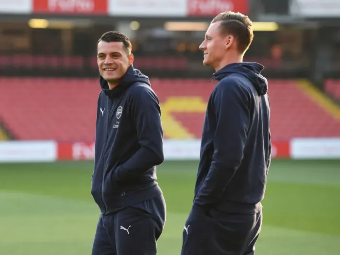 Framed Print : Arsenal's Xhaka and Leno Pre-Match Huddle: Watford vs Arsenal, Premier League 2018-19