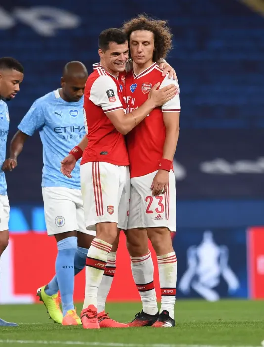 Framed Print : Arsenal's Xhaka and Luiz Reunite After FA Cup Semi-Final Showdown vs Manchester City Framed Print : Arsenal's Xhaka and Luiz Reunite After FA Cup Semi-Final Showdown vs Manchester City