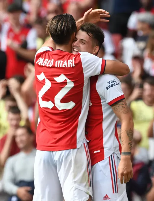 Framed Print : Arsenal's Xhaka and Mari Celebrate Goal: Pre-Season Victory Over Chelsea at Emirates Stadium