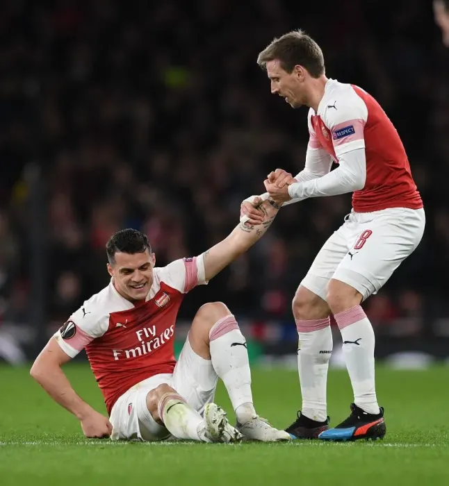Framed Print : Arsenal's Xhaka and Monreal in Action during Europa League Clash against Stade Rennais