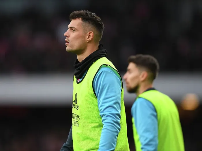 Framed Print : Arsenal's Xhaka Ready to Sub in: Arsenal FC vs AFC Bournemouth, Premier League 2022-23