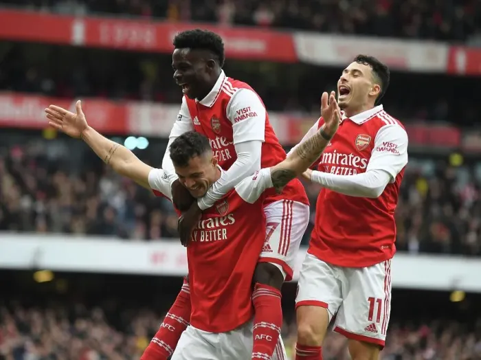 Framed Print : Arsenal's Xhaka, Saka, and Martinelli Celebrate Goals Against Leeds United in 2022-23 Premier League Framed Print : Arsenal's Xhaka, Saka, and Martinelli Celebrate Goals Against Leeds United in 2022-23 Premier League