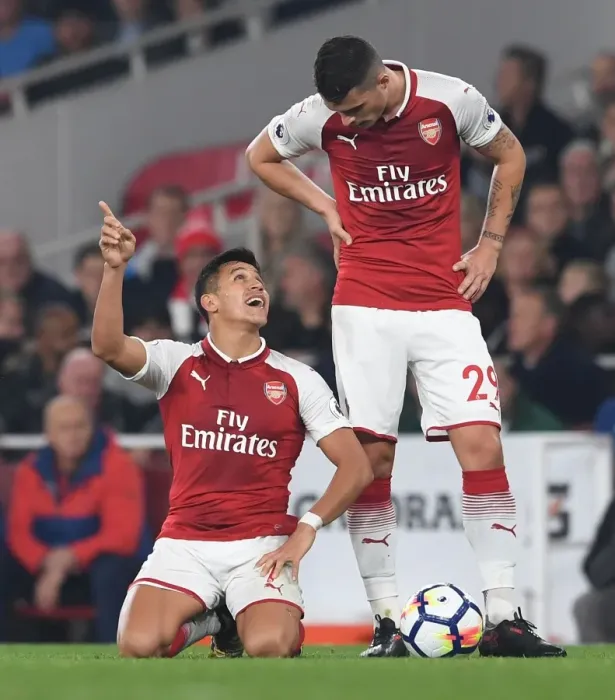 Framed Print : Arsenal's Xhaka and Sanchez in Action: Arsenal v West Bromwich Albion, Premier League 2017-18