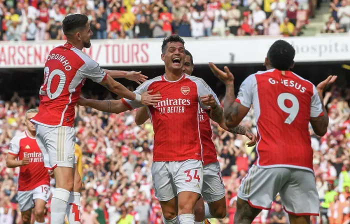 Framed Print : Arsenal's Xhaka Scores First Goal: Arsenal FC vs. Wolverhampton Wanderers, Premier League 2022-23