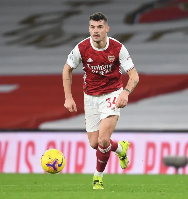 Framed Print : Arsenal's Xhaka Stands Out in Empty Emirates Victory Over Manchester United (Premier League 2021)