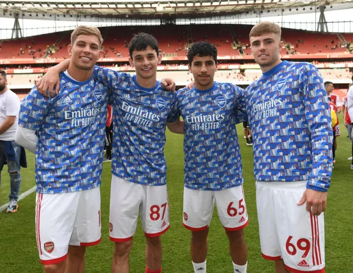 Framed Print : Arsenal's Young Stars: Emile Smith Rowe, Charlie Patino, Salah-Eddine Oulad Mhand and Zak Swanson Celebrate Victory Over Everton (Arsenal v Everton 2021-22)