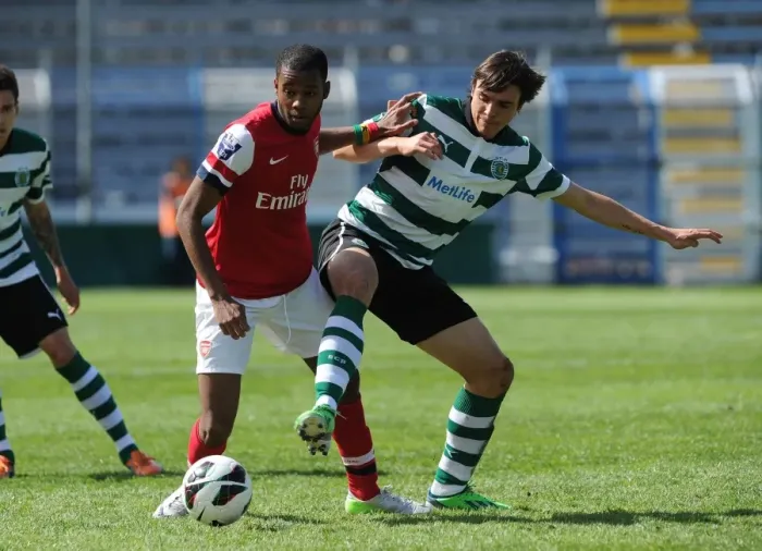 Framed Print : Arsenal's Zak Ansah Clashes with Sporting's Joao Palhinha in NextGen Series 3rd Place Play Off Framed Print : Arsenal's Zak Ansah Clashes with Sporting's Joao Palhinha in NextGen Series 3rd Place Play Off