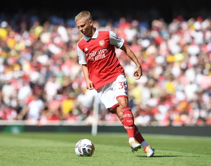 Framed Print : Arsenal's Zinchenko in Action: Arsenal vs. Leicester City, Premier League 2022-23