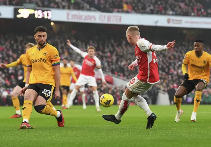 Framed Print : Arsenal's Zinchenko Assists Second Goal in Arsenal v Wolverhampton Wanderers (2023-24) Framed Print : Arsenal's Zinchenko Assists Second Goal in Arsenal v Wolverhampton Wanderers (2023-24)
