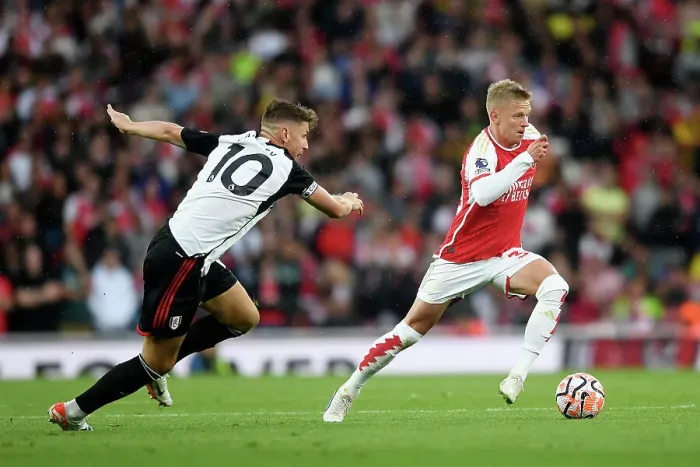 Framed Print : Arsenal's Zinchenko Charges Forward in 2023-24 Premier League Clash Against Fulham Framed Print : Arsenal's Zinchenko Charges Forward in 2023-24 Premier League Clash Against Fulham
