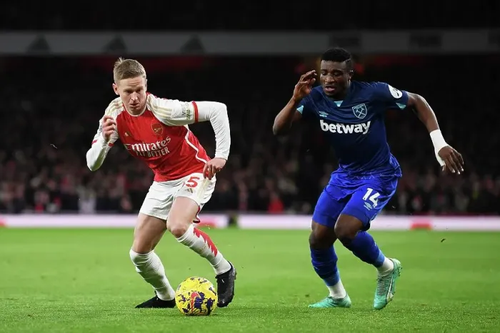 Framed Print : Arsenal's Zinchenko Fends Off West Ham's Kudus in Premier League Clash (2023-24)