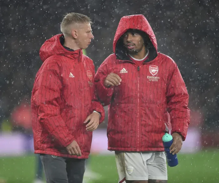 Framed Print : Arsenal's Zinchenko and Jesus Connect After Champions League Clash vs. PSV Eindhoven (2023-24)