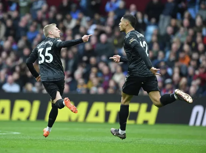 Framed Print : Arsenal's Zinchenko and Saliba: Celebrating a Goal Against Aston Villa (2022-23)