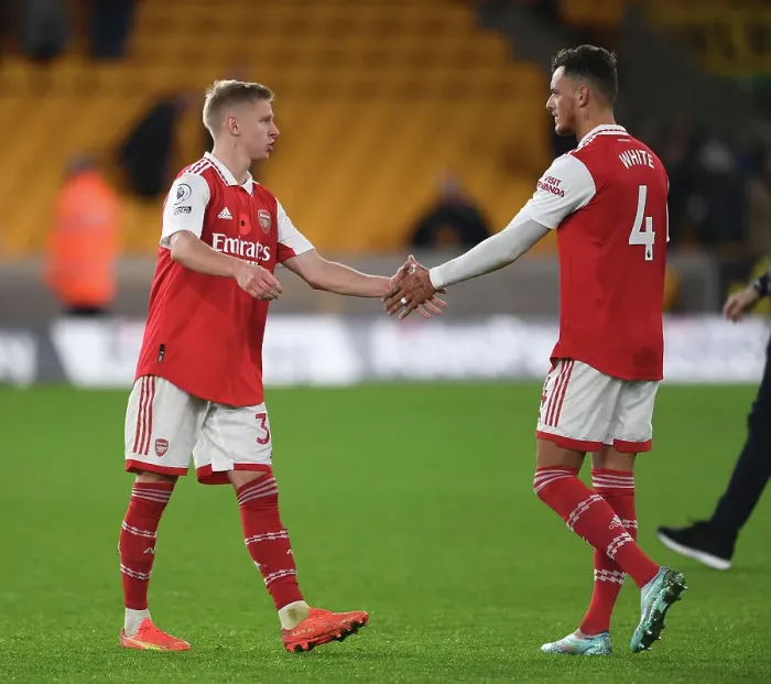 Framed Print : Arsenal's Zinchenko and White Celebrate Victory Over Wolverhampton Wanderers in 2022-23 Premier League