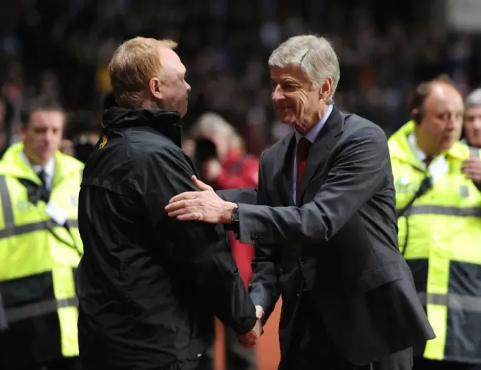 Framed Print : Arsene Wenger and Alex McLeish: A Pre-Match Handshake at Aston Villa vs. Arsenal (2011-12) Framed Print : Arsene Wenger and Alex McLeish: A Pre-Match Handshake at Aston Villa vs. Arsenal (2011-12)
