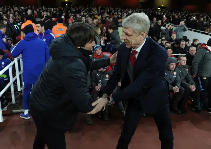 Framed Print : Arsene Wenger and Antonio Conte: A Pre-Match Encounter at the Emirates - Arsenal v Chelsea, Premier League 2017-18