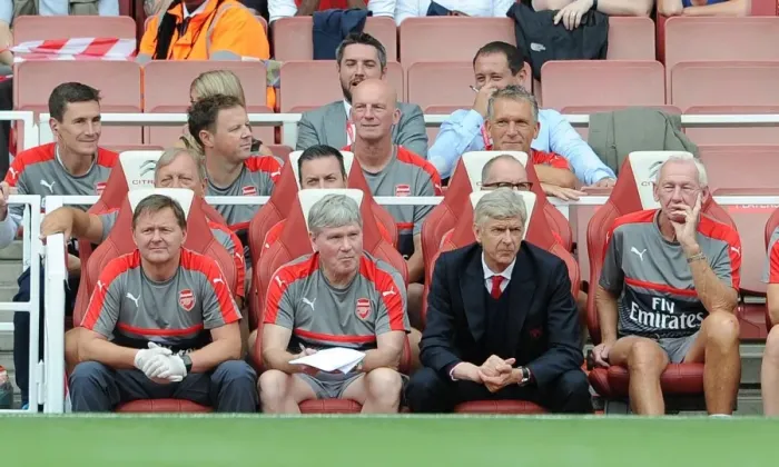 Framed Print : Arsene Wenger the Arsenal Manager on the bench with Gary Lewin (Physio), Pat Rice