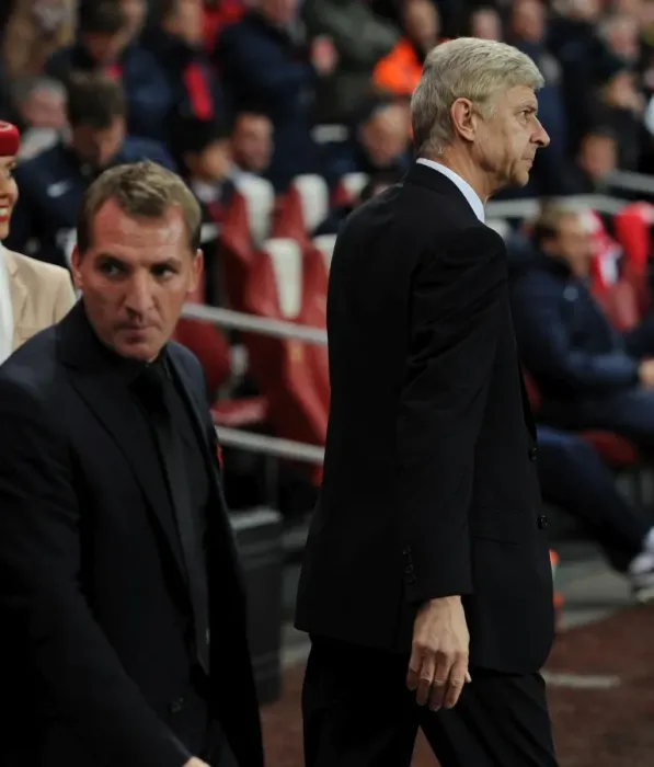 Framed Print : Arsene Wenger the Arsenal Manager and Brendan Rodgers the Liverpool Manager. Arsenal 2: 0 Liverpool Framed Print : Arsene Wenger the Arsenal Manager and Brendan Rodgers the Liverpool Manager. Arsenal 2: 0 Liverpool