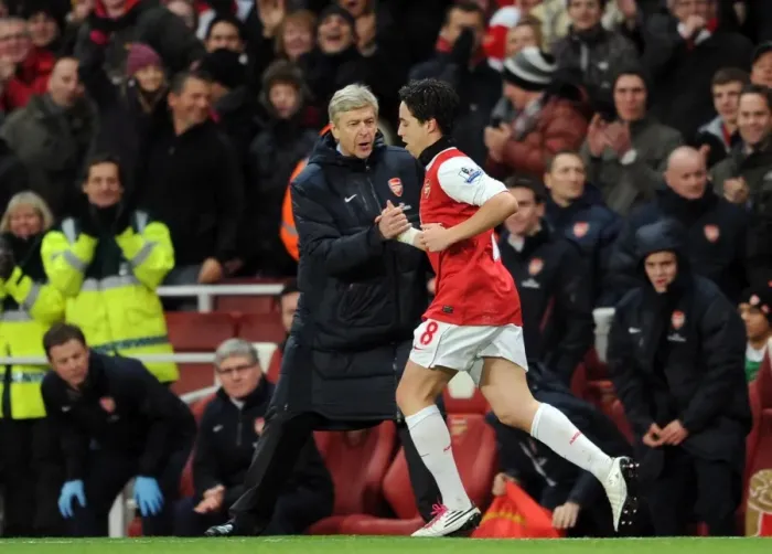 Framed Print : Arsene Wenger the Arsenal Manager congratulates Samir Nasri (Arsenal) on his 2nd goal Framed Print : Arsene Wenger the Arsenal Manager congratulates Samir Nasri (Arsenal) on his 2nd goal